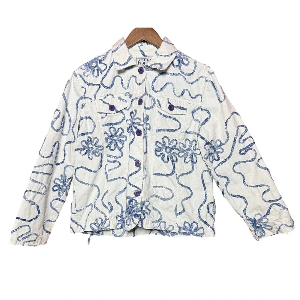 Keren‎ Hart Women XL White Blue Floral Embroidered Cotton Denim Jacket Artsy